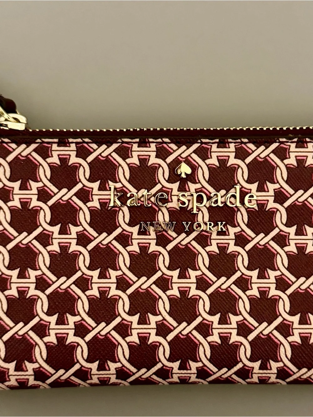 Kate Spade Pink and Burgundy Spade Link Printed Zip Wallet
